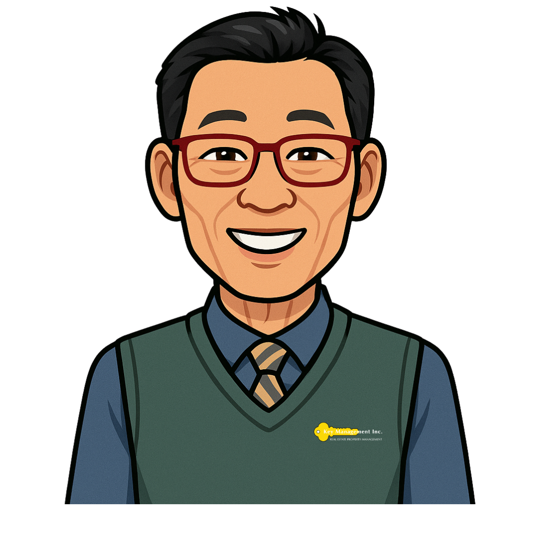 A cartoon of a man wearing glasses and a vest and tie.