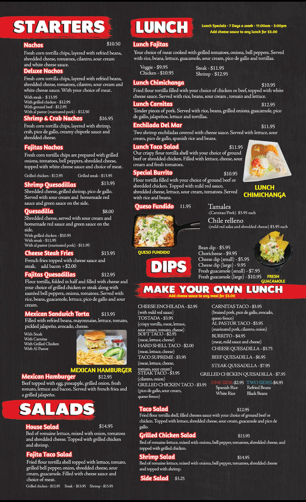 A menu for a restaurant with starters , lunch , dips and salads