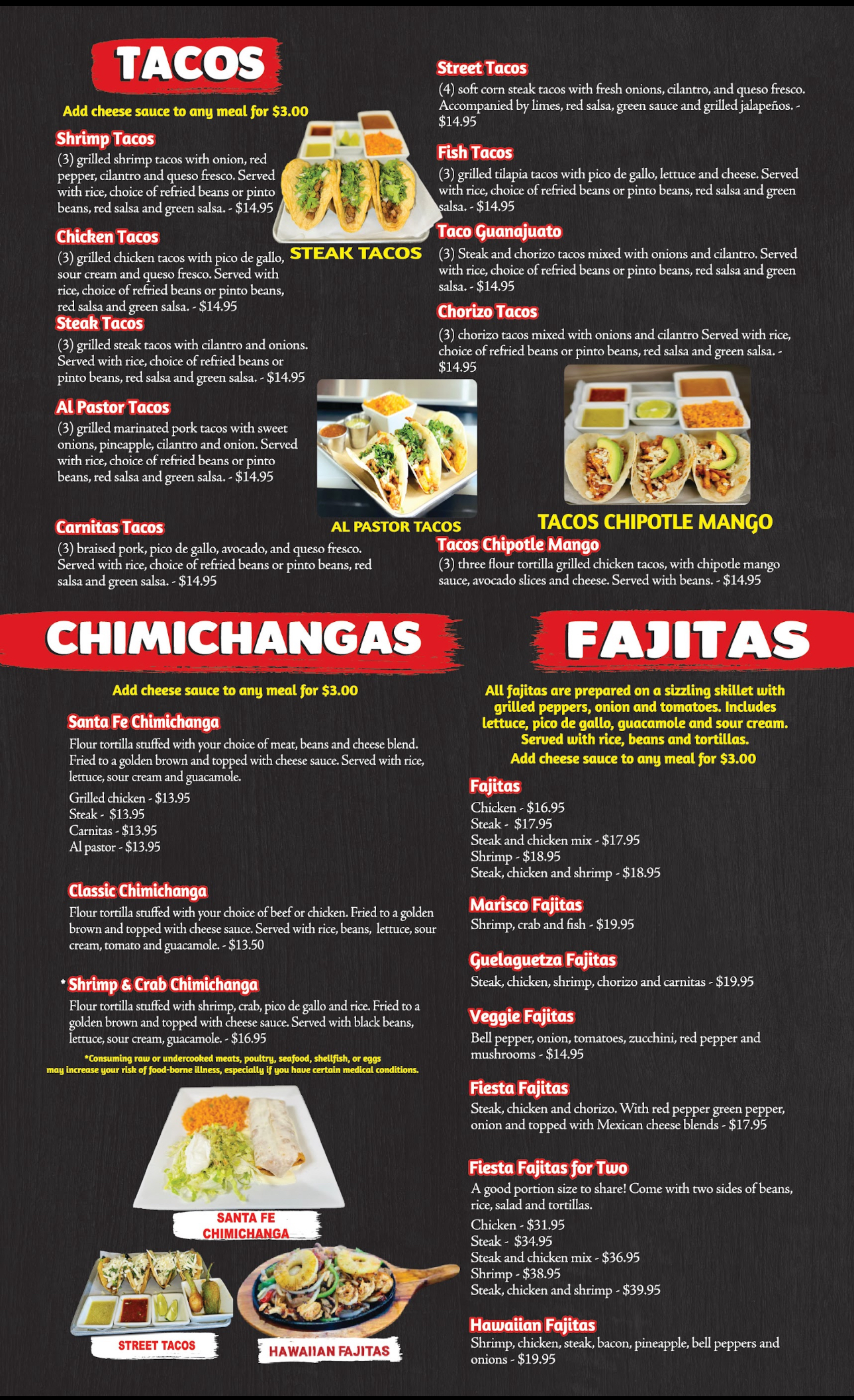 A menu for a restaurant called tacos chimichangas and fajitas