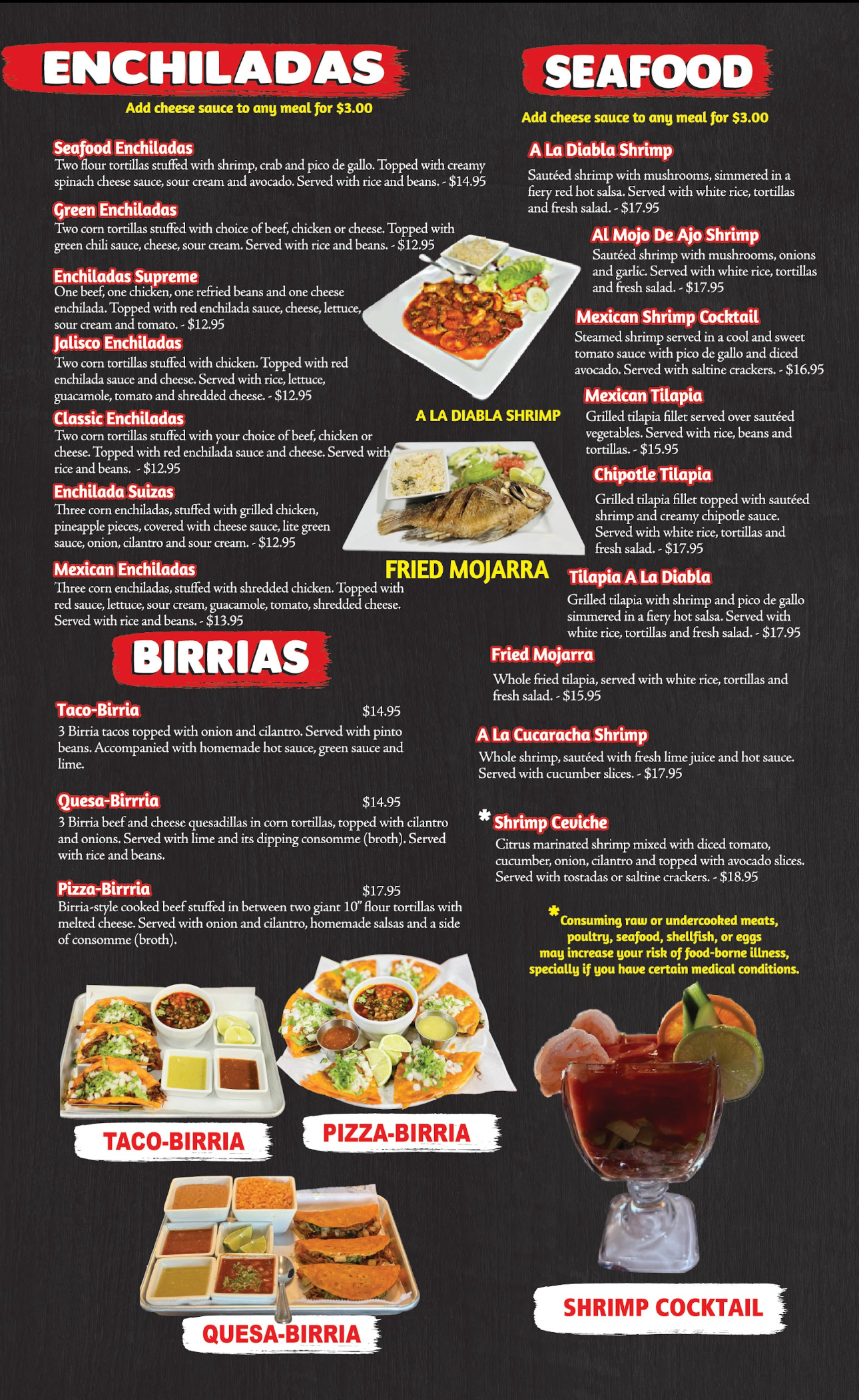 A menu for a restaurant with enchiladas and seafood on it