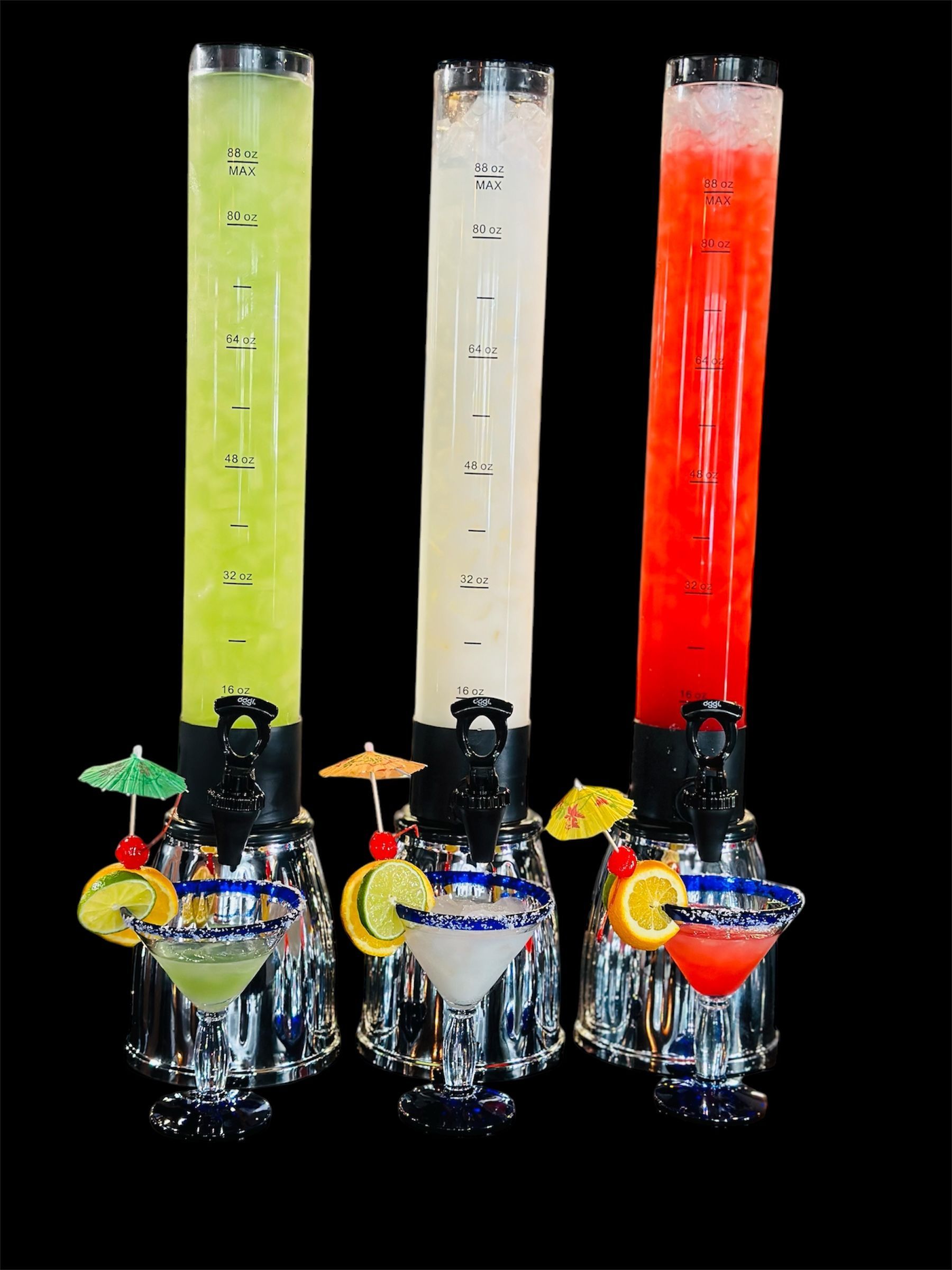 Three drink dispensers filled with different types of drinks on a black background.