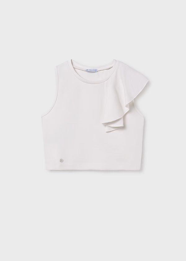 Top corto bianco senza maniche con dettaglio volant sul lato destro.