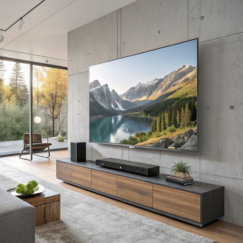 Modern living room with wall-mounted TV showing a mountain lake scene, with wooden media console and large window.