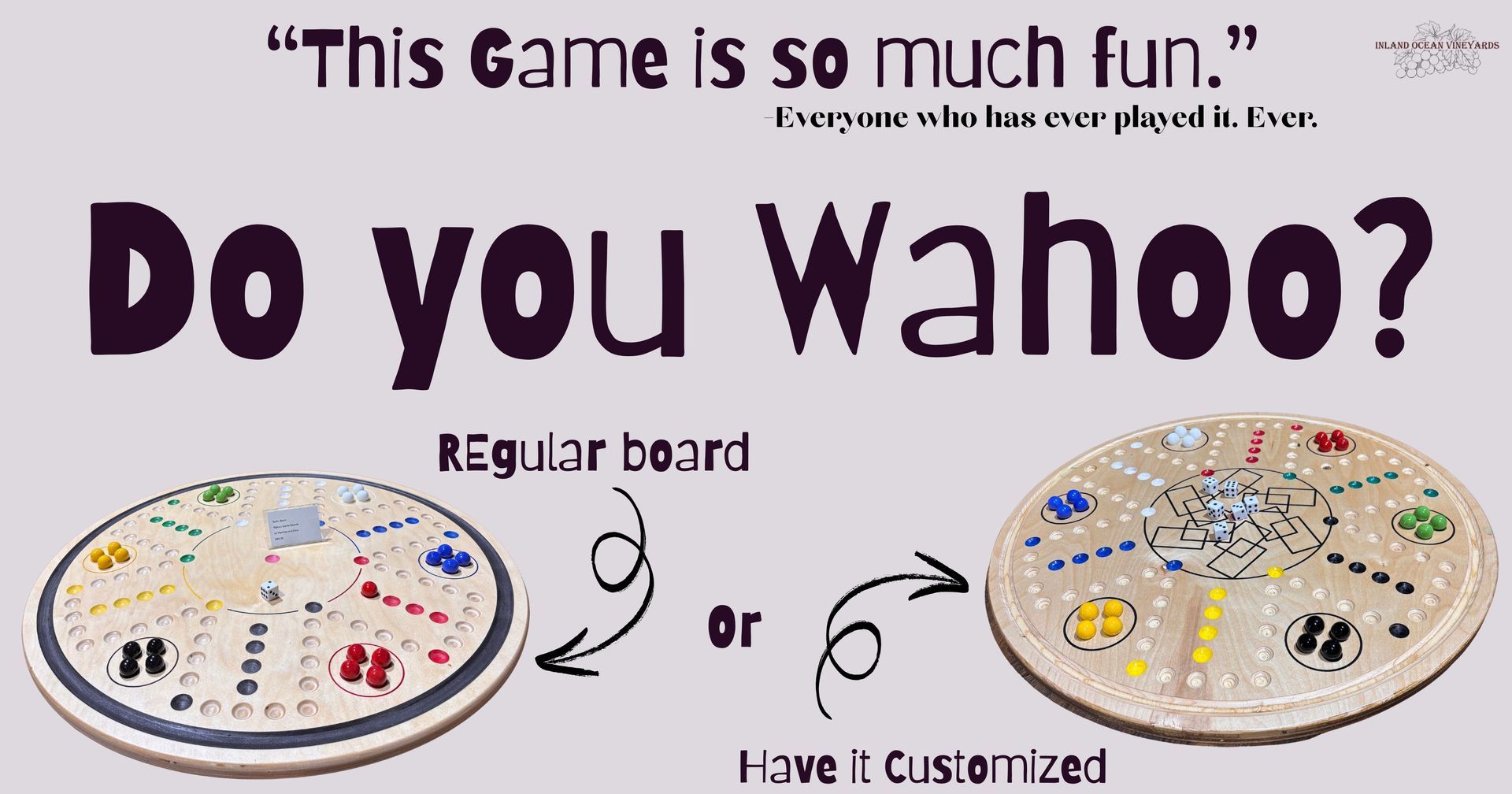 Wahoo Board.  Fun board game for all ages.  Using 3/4 inch marble set with 6 different colors and one die provided.  Play singles or as teams.  Let's the games begin!  Online Store with shipping or pickup in Hutchinson, KS
