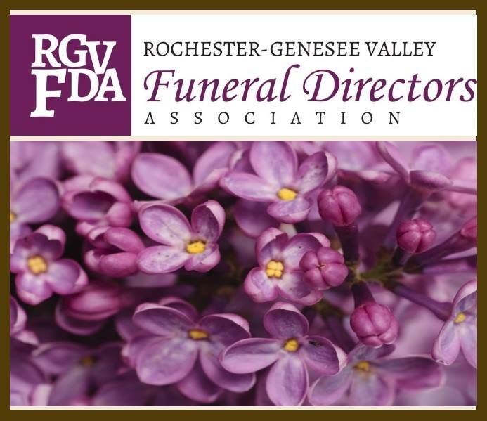 Logo for Rochester-Genesee Valley Funeral Directors Association with purple flowers.