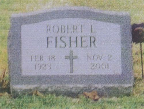 Gravestone of Robert L. Fisher, with birth date Feb 18, 1923 and death date Nov 2, 2001, a cross is etched below the name.