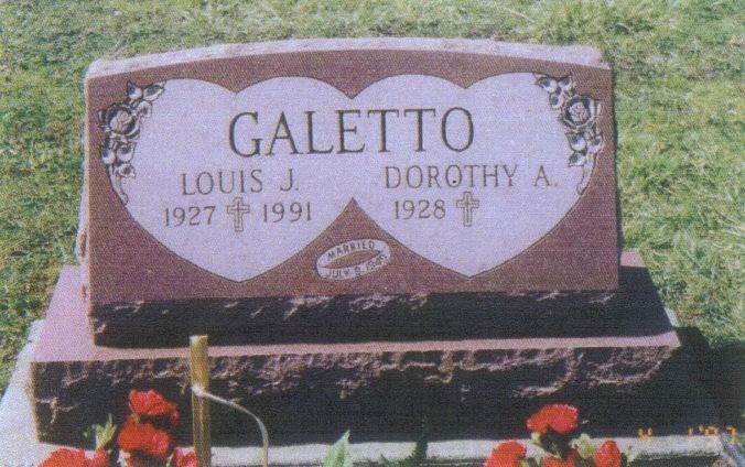 Headstone for Louis J. Galetto (1927-1991) and Dorothy A. Galetto (1928-). Pink stone with heart shapes.