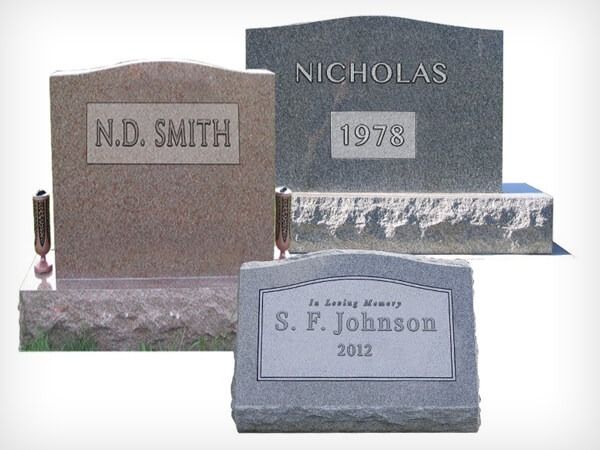 Three granite headstones of varying shapes and colors with engraved names and dates.
