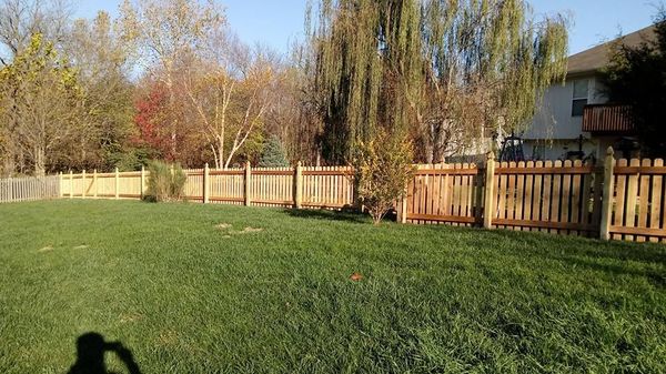 a wooden fence surrounds a large lush green yard .