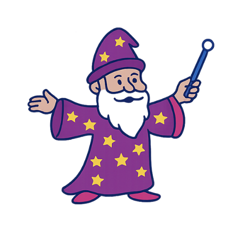 Wizard with a white beard, holding a blue wand, wearing a purple robe and hat with yellow stars.
