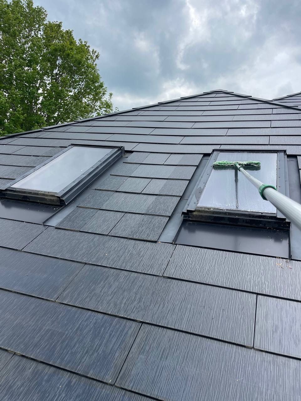 A roof with two skylights and a brush on it.