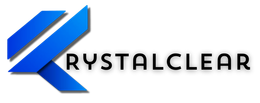 Logo for KrystalClear, featuring a blue, geometric graphic of the letter K next to the word 