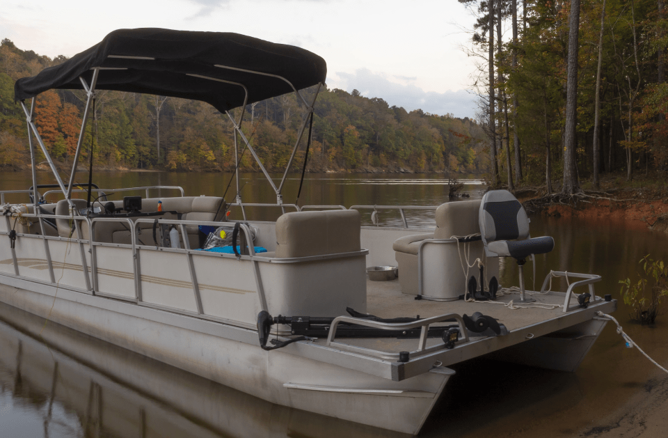 Pontoon boat on a calm lake, beige seats, black canopy, trees in the background.