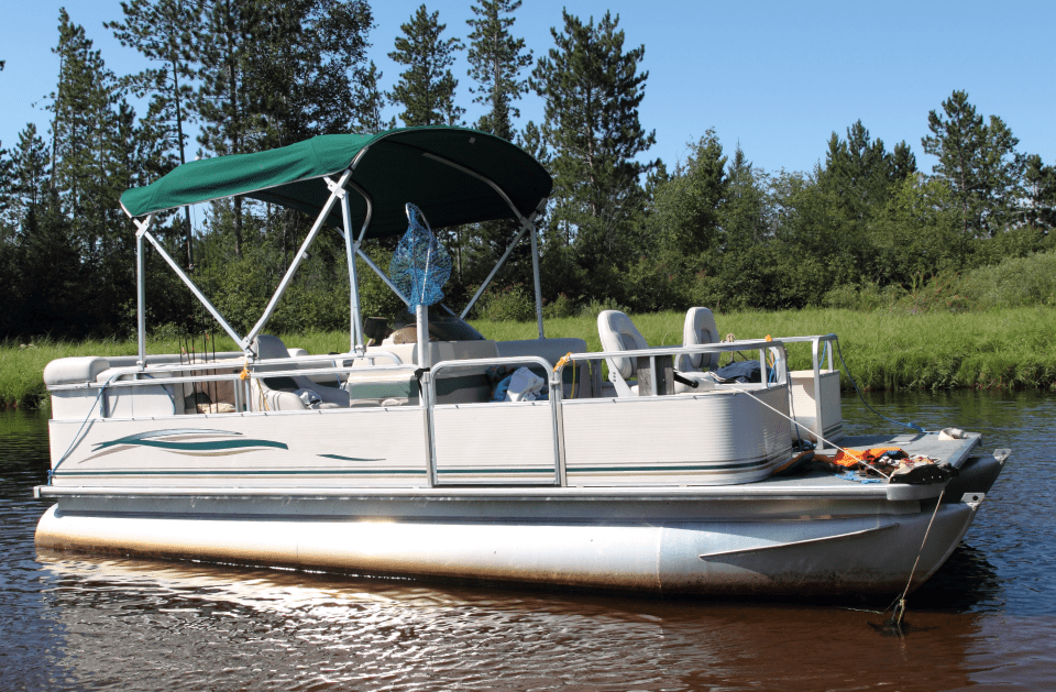 Pontoon boat on water with green canopy, in front of trees.