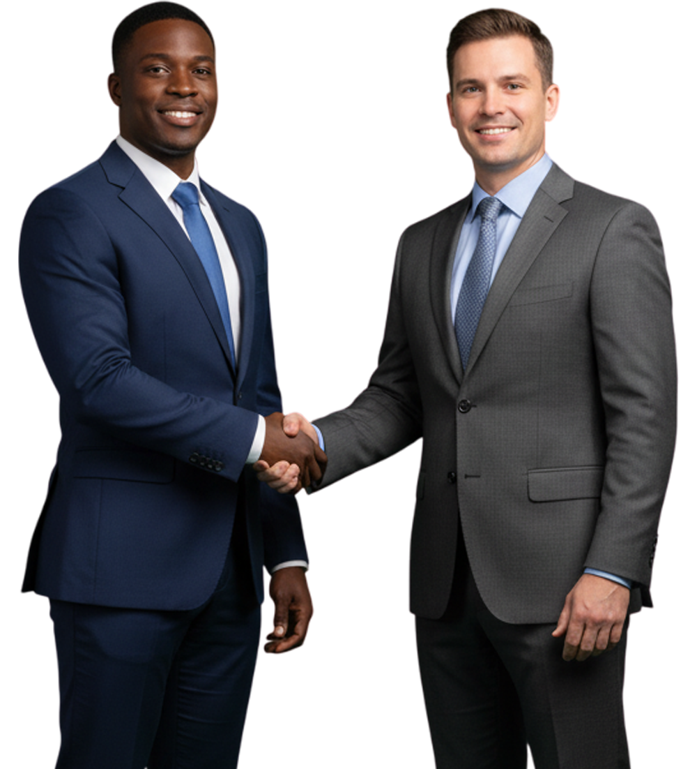 Two men in suits shaking hands, smiling. One in blue suit, one in gray.