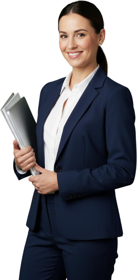 Woman in a navy suit holding files, smiling.