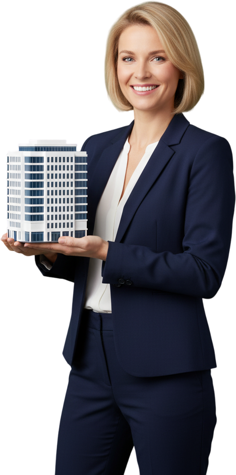 Woman in suit holding a model of a building, smiling, against a white background.