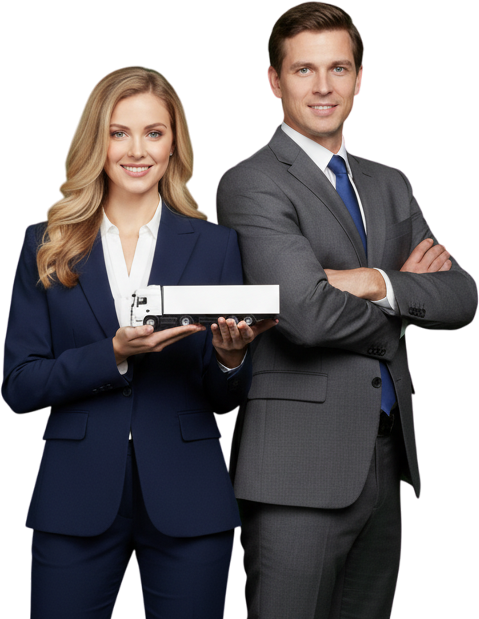 Woman and man in suits holding a model truck, smiling.
