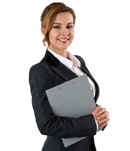 Woman in a business suit holding a gray clipboard, smiling.