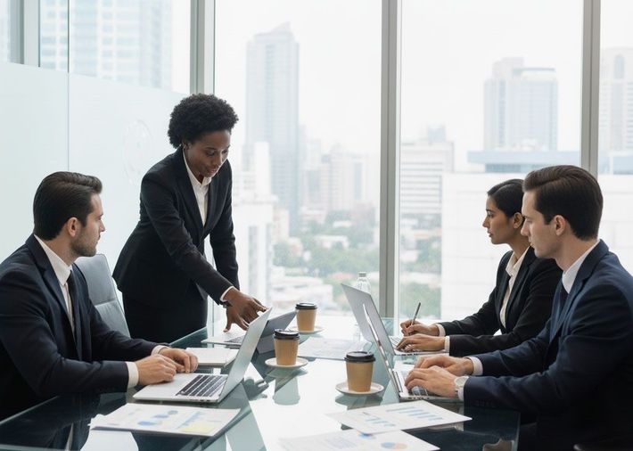 Business meeting in a modern office. Woman gestures to laptop, others take notes. City skyline visible through window.