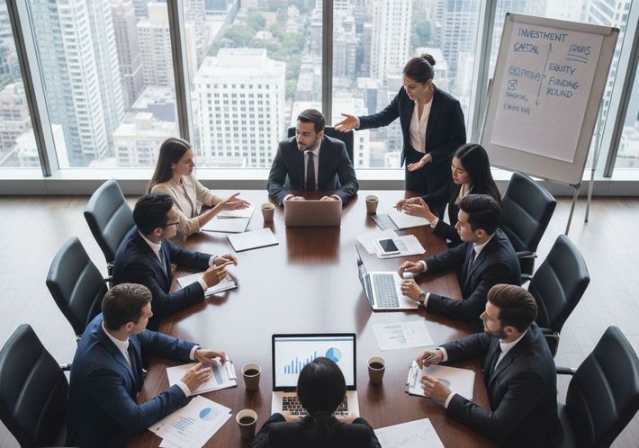 Business team in a high-rise office meeting around a table; a woman points at a whiteboard.