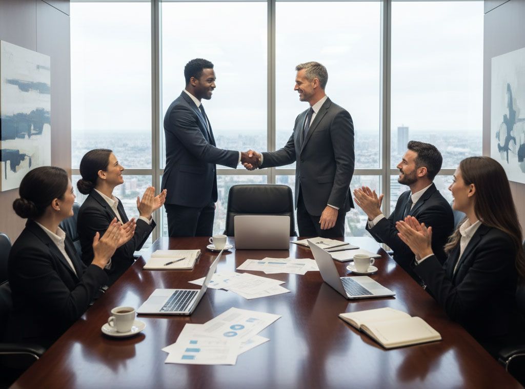 Businesspeople in a boardroom shake hands while others applaud. Large window with city view.