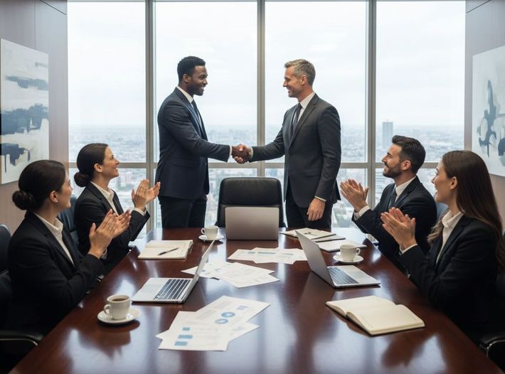 Businesspeople in a boardroom shake hands while others applaud. Large window with city view.