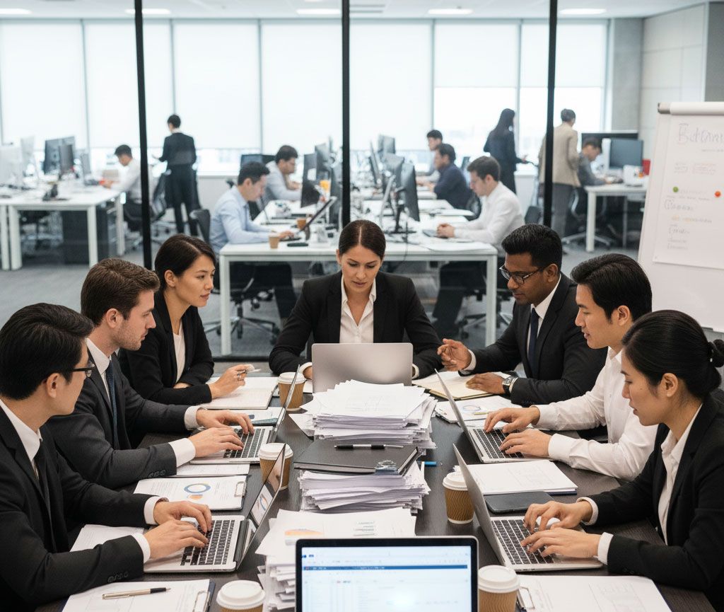 Business meeting in a modern office; people seated around a table with laptops, reviewing documents.