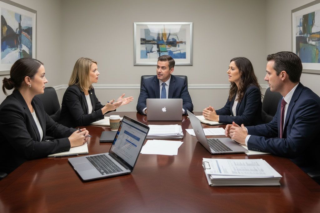 Five people in business attire in a meeting room, discussing at a conference table with laptops and documents.