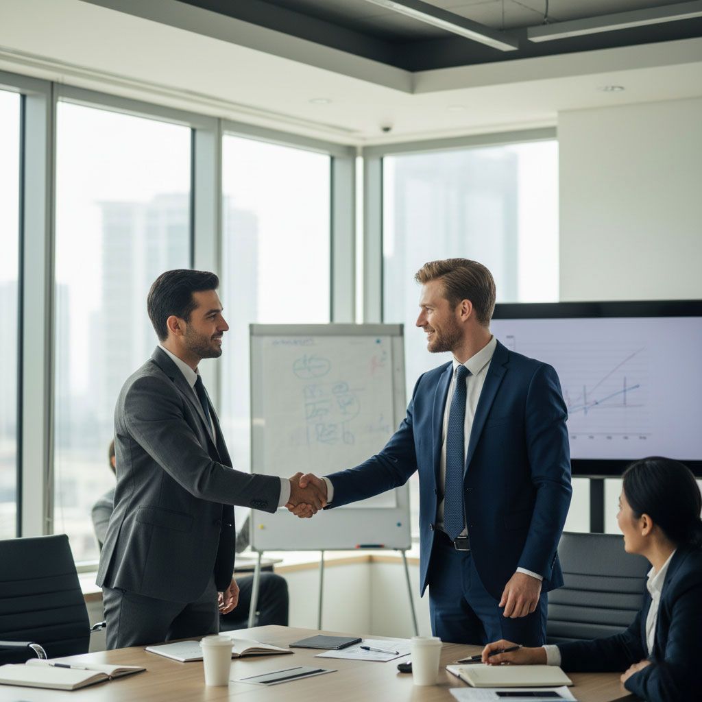 Two men in suits shaking hands in a bright office, smiling.