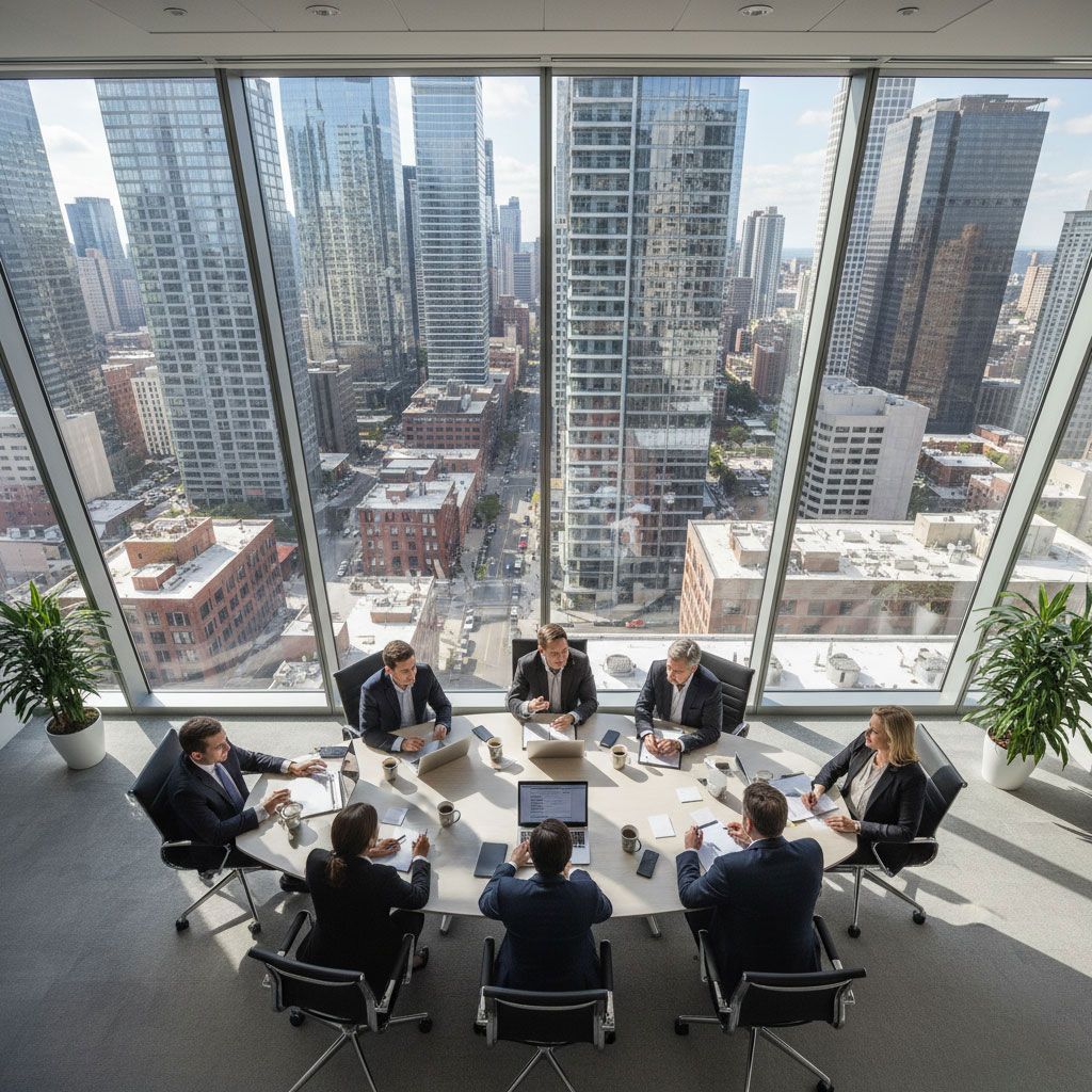 Business meeting in modern office with cityscape view. People seated at a round table, discussing documents.