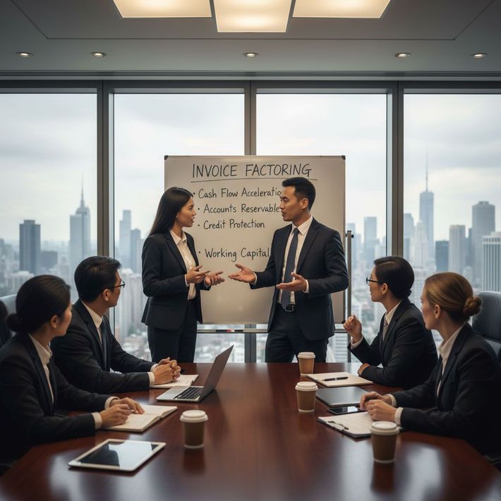 Business people in suits at a meeting, two at a whiteboard, city skyline visible.