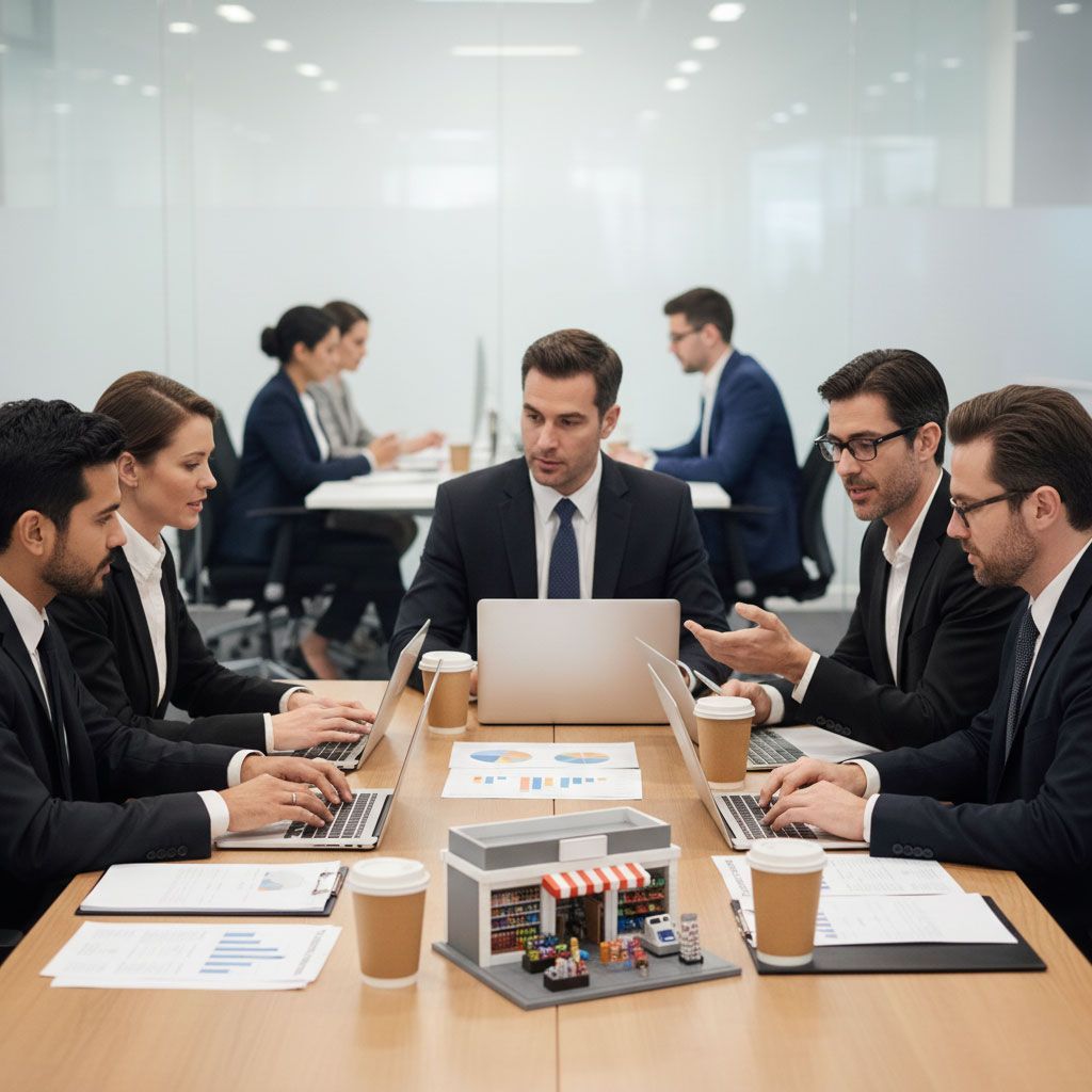 Business team in suits at conference table with laptops, model shop, and coffee cups.
