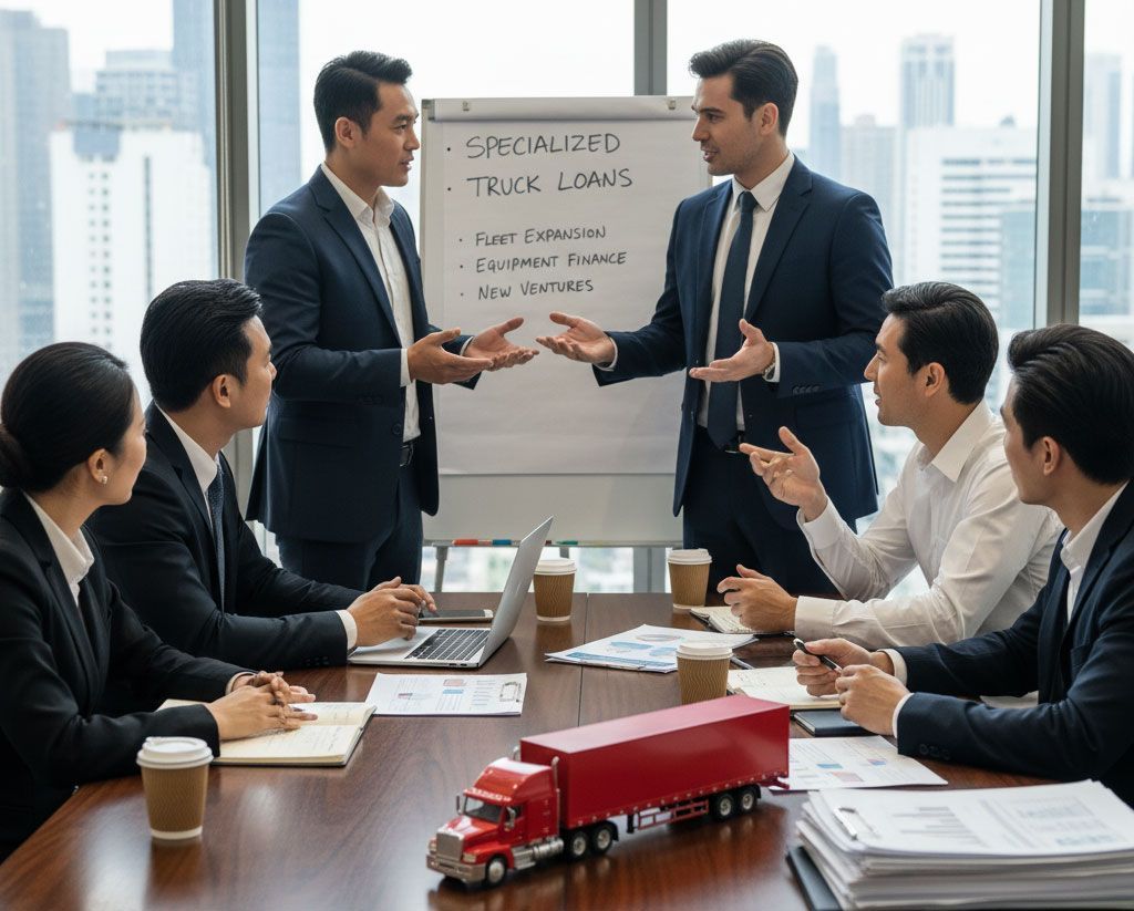 Business meeting: People in suits discuss truck loans near a whiteboard, model truck on a table.