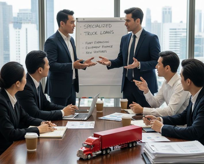 Business meeting: People in suits discuss truck loans near a whiteboard, model truck on a table.