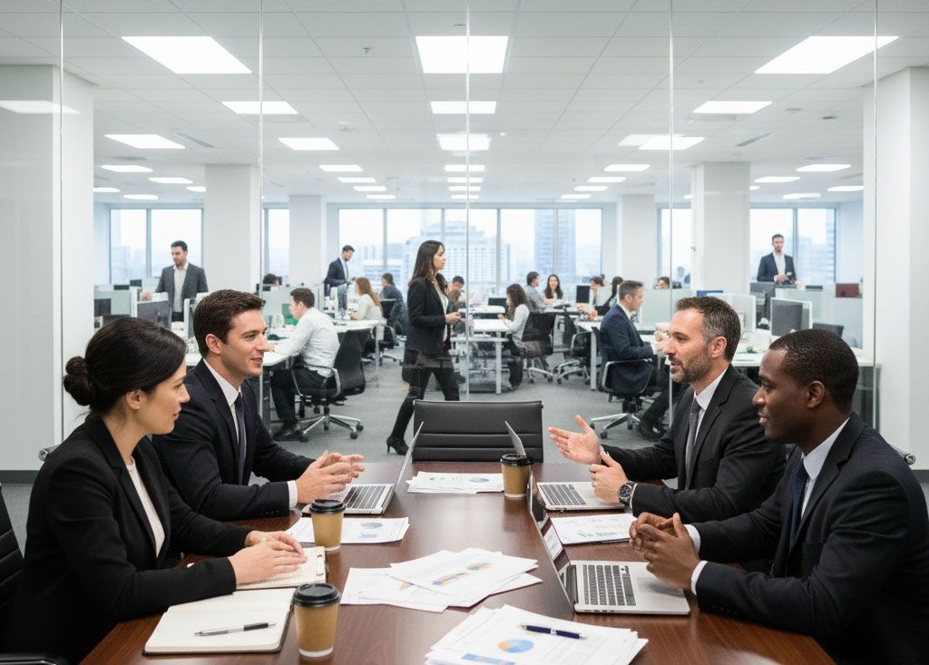 Meeting at the table, discussing paperwork and using laptops.