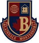 The logo for blairsdale montessori school is a shield with the letter b on it.