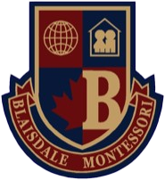 The logo for blairsdale montessori school is a shield with the letter b on it.