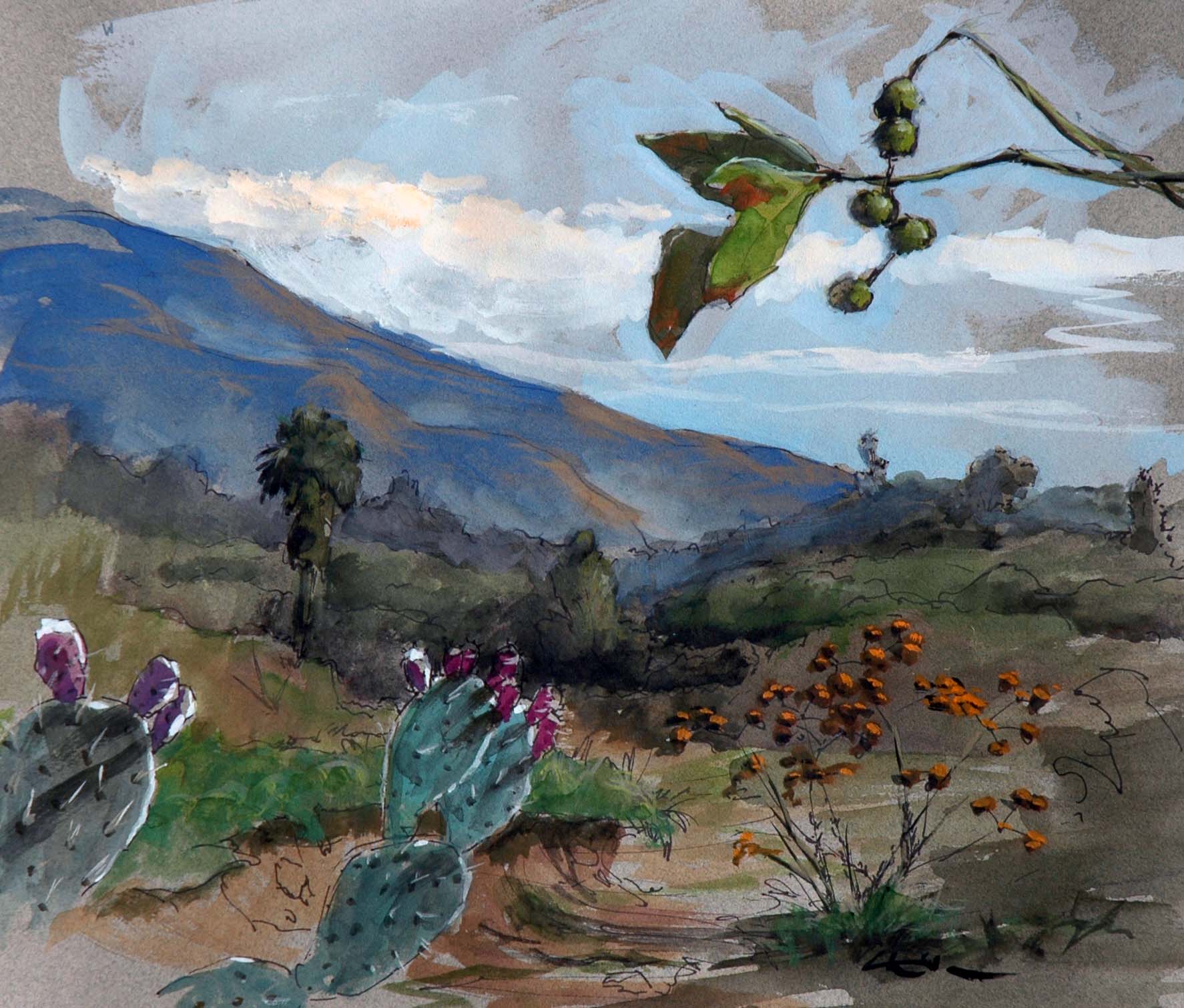 A watercolor landscapes class painting of ripe cacti at Eaton Canyon by Robert Sherrill Workshops