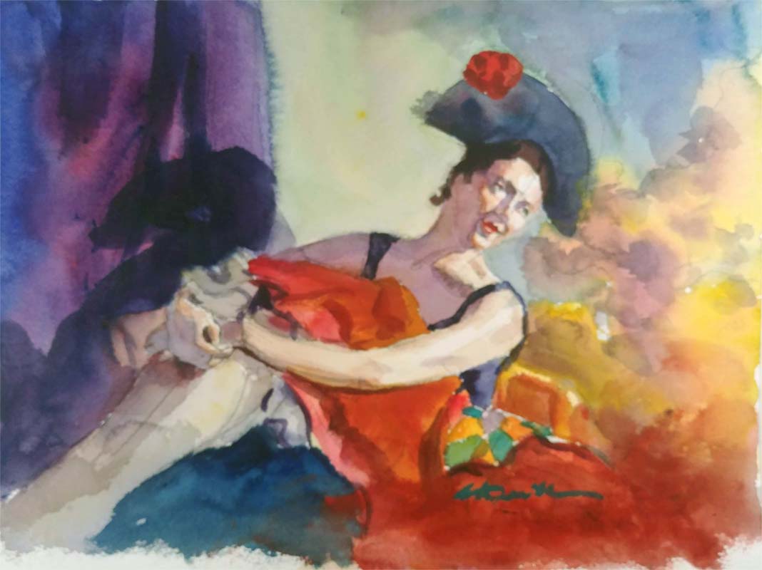 A watercolor portrait class painting of a woman in the 1940s by Robert Sherrill Workshops