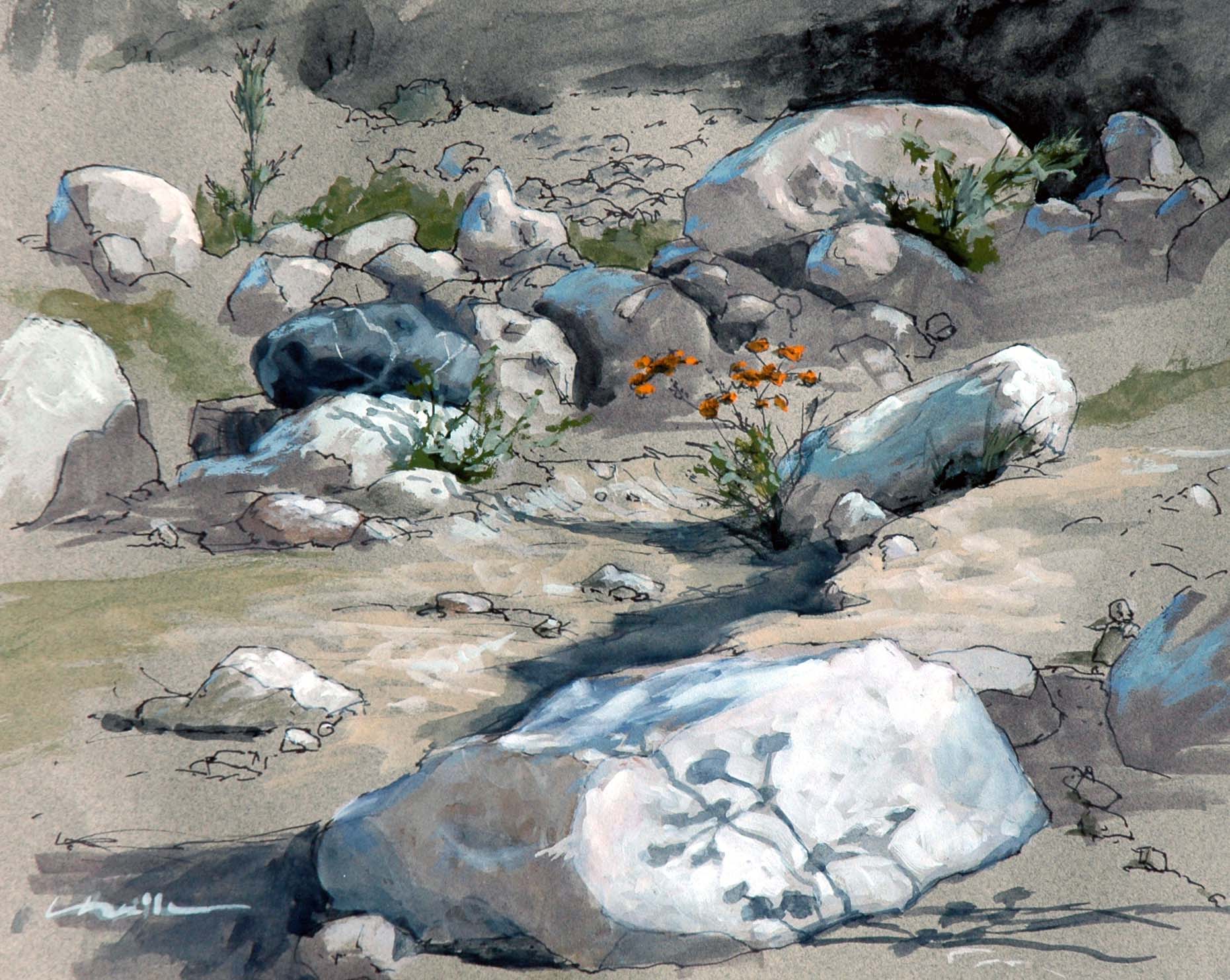 A watercolor landscapes class painting of the rip lake bed at Eaton Canyon by Robert Sherrill Workshops