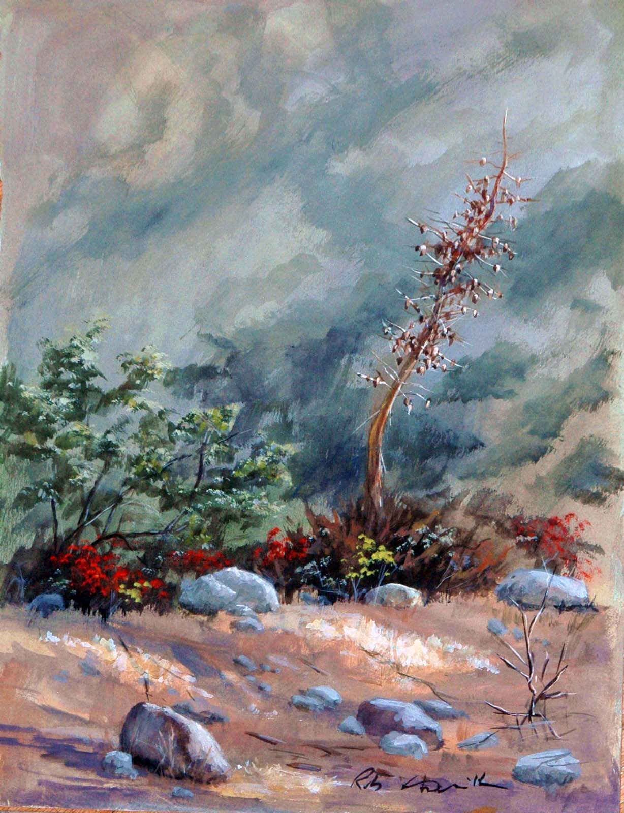 A watercolor landscapes class painting of agave at Eaton Canyon by Robert Sherrill Workshops