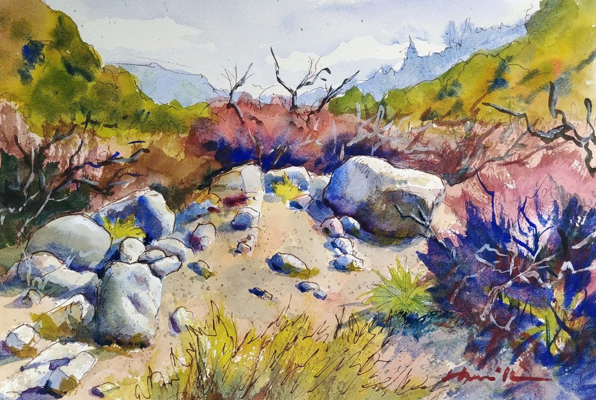 A watercolor landscapes class painting of granite rocks at Eaton Canyon by Robert Sherrill Workshops