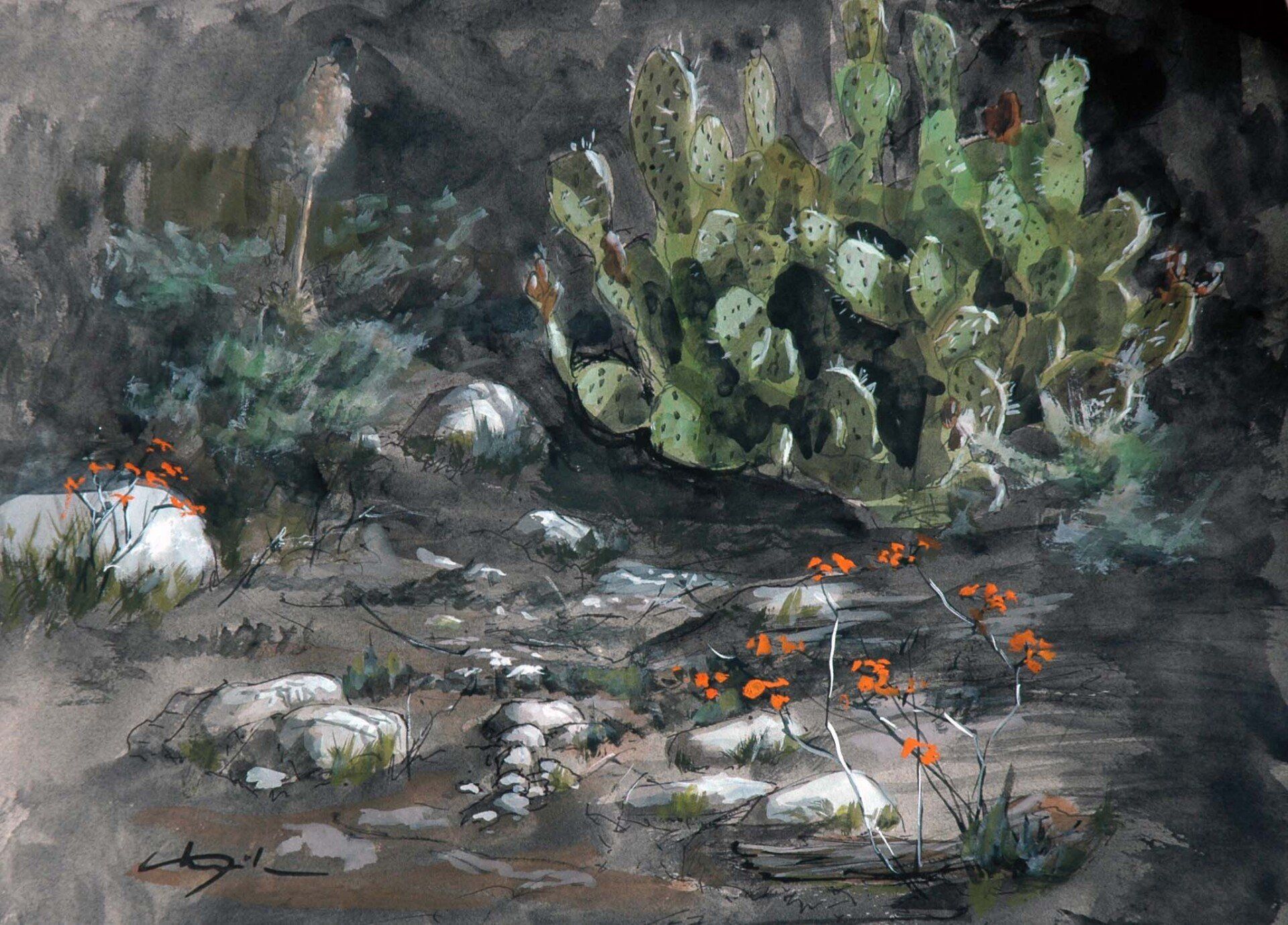 A watercolor landscapes class painting of prickly cacti at Eaton Canyon by Robert Sherrill Workshops
