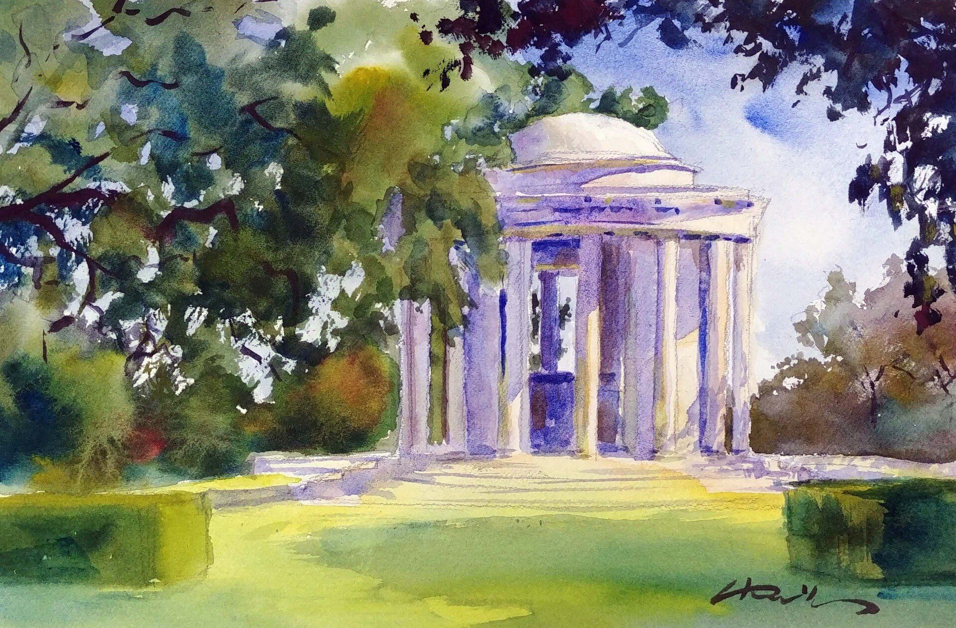 Mausoleum huntington library watercolor virtual zoom landscapes class painting lesson robert sherrill workshops