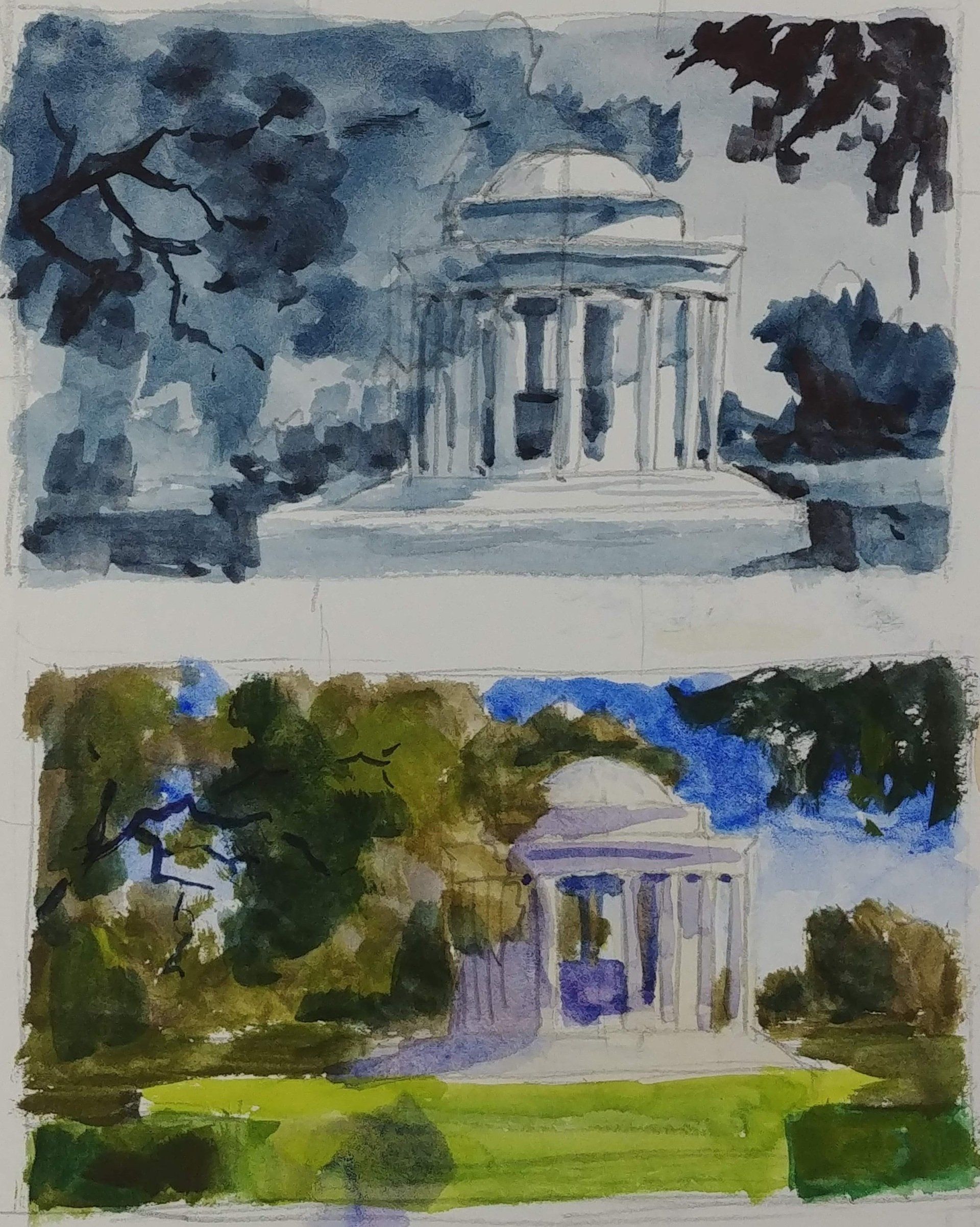 Mausoleum at the Huntington library watercolor painting process study