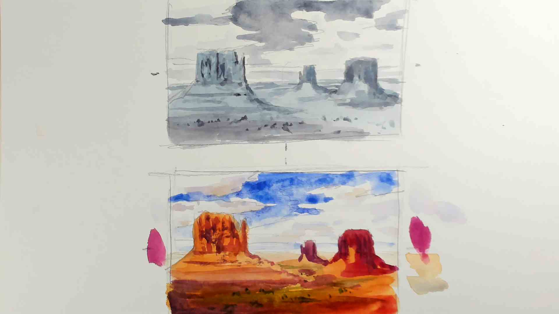 Monument Valley watercolor painting process study