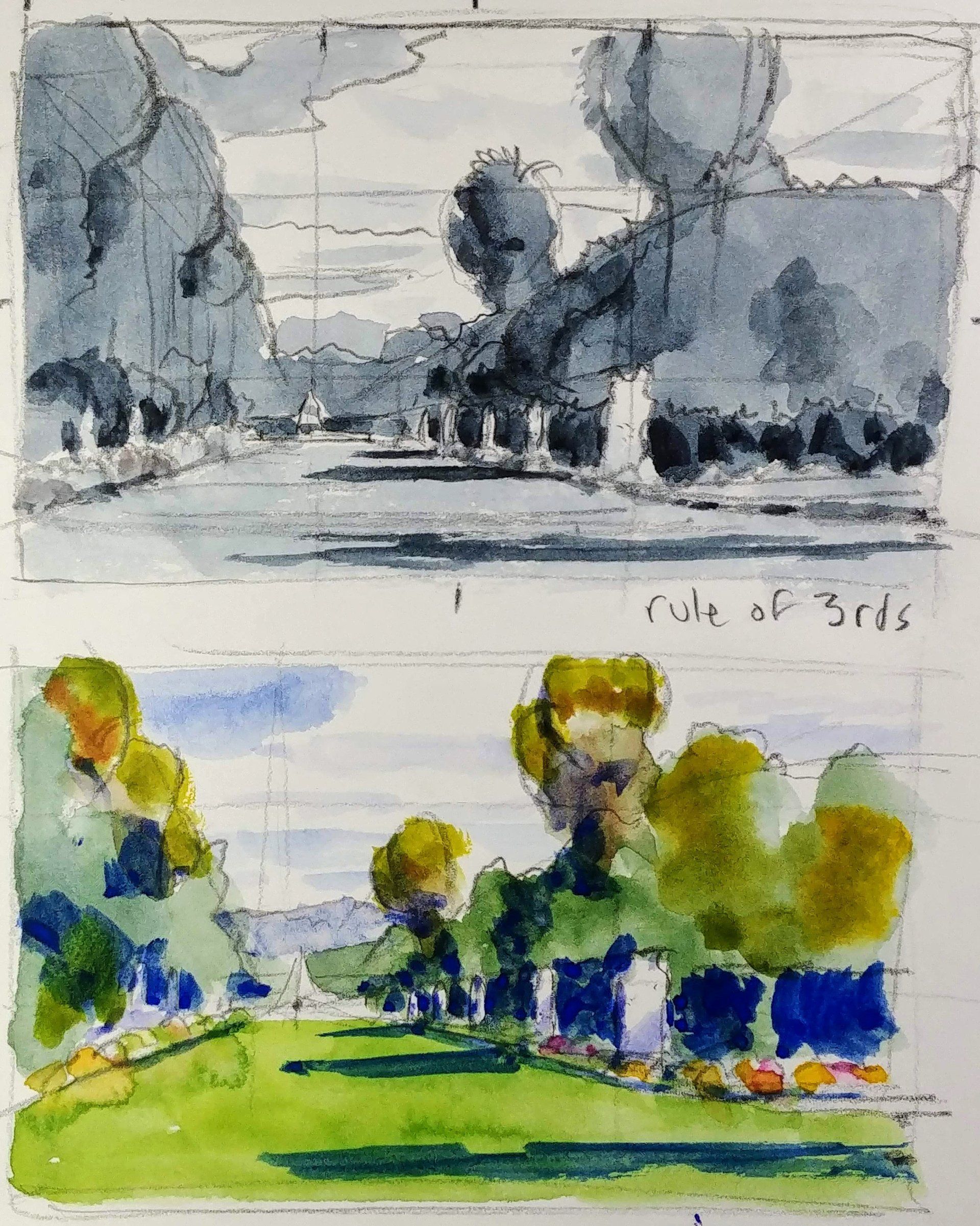 North Vista watercolor painting at the huntington library process study