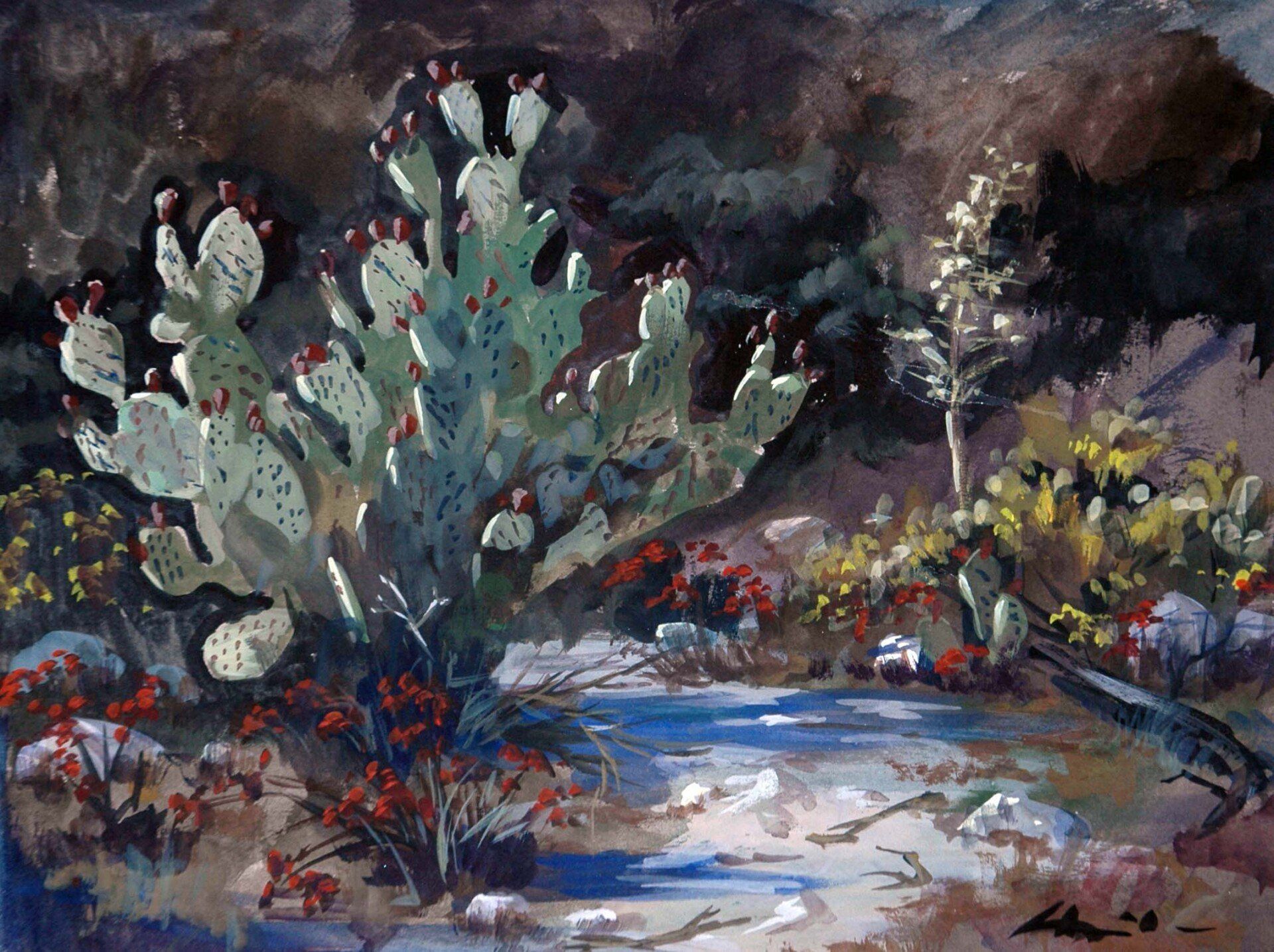 A watercolor landscapes class painting of ripe prickly cacti at Eaton Canyon by Robert Sherrill Workshops