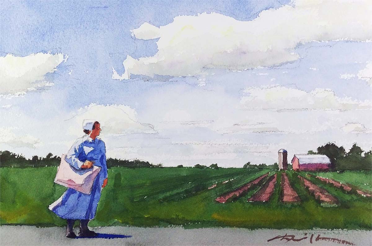 A watercolor portrait class painting of an Amish woman overlooking a farm by Robert Sherrill Workshops